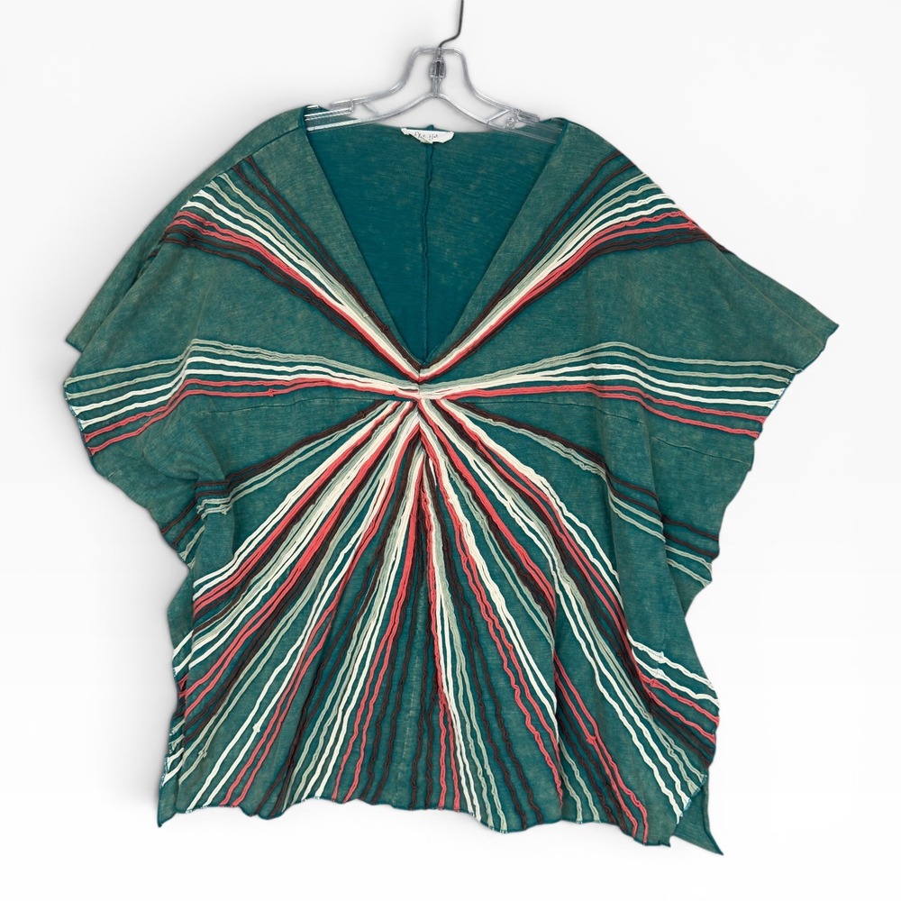 Oli & Hali Sunburst Ric-Rac Top Women Medium Teal Cotton Oversized V-Neck
